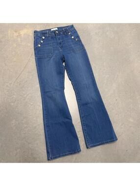 Y2K Women's Designed Navy Bootcut Jeans Happily Grey Sized 9/ W29